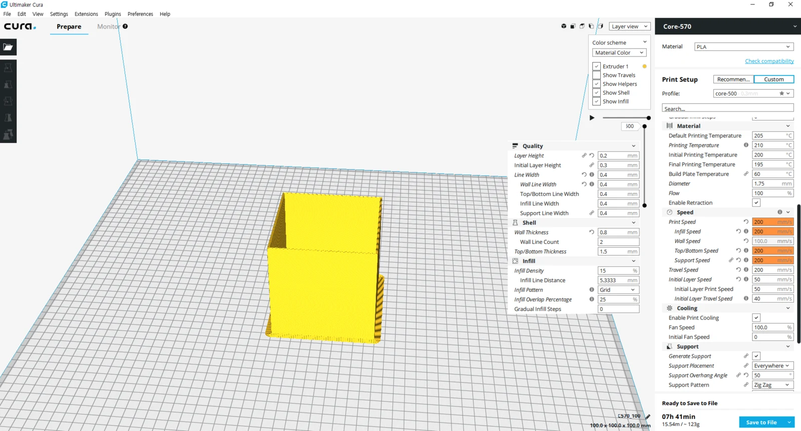 100mm 모델을 0.4mm 선폭, 0.2mm 레이어, 표시속도 200mm/s 구성으로 Cura 슬라이싱한 화면