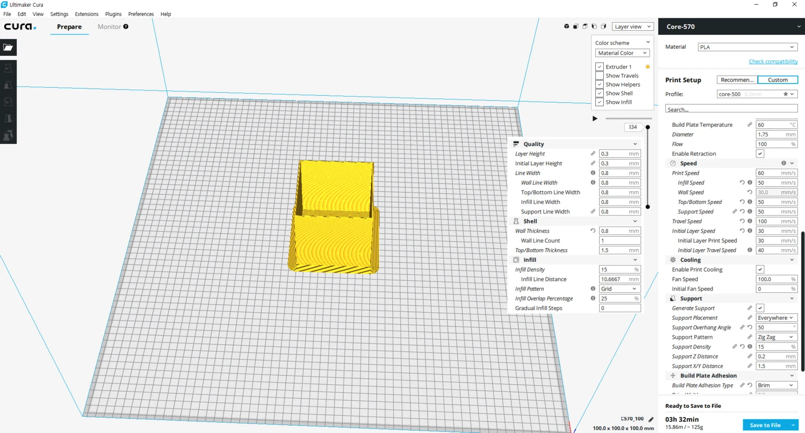 100mm 모델을 0.8mm 선폭, 0.3mm 레이어, 표시속도 60mm/s 구성으로 Cura 슬라이싱한 화면